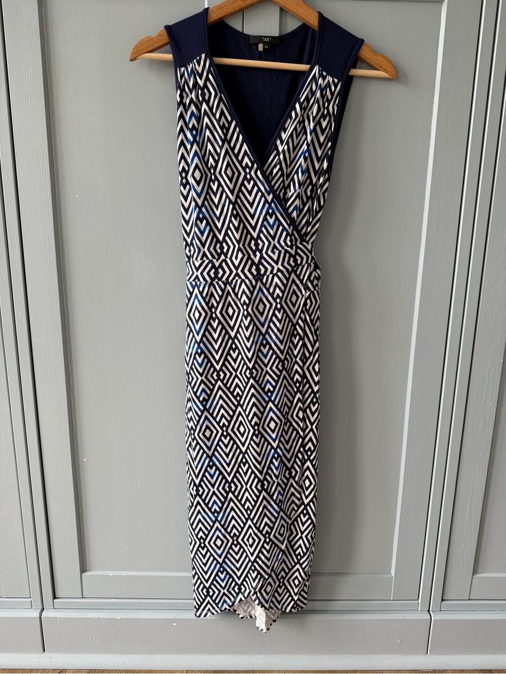 TART Navy, White and Blue Geometric Midi Wrap Dress